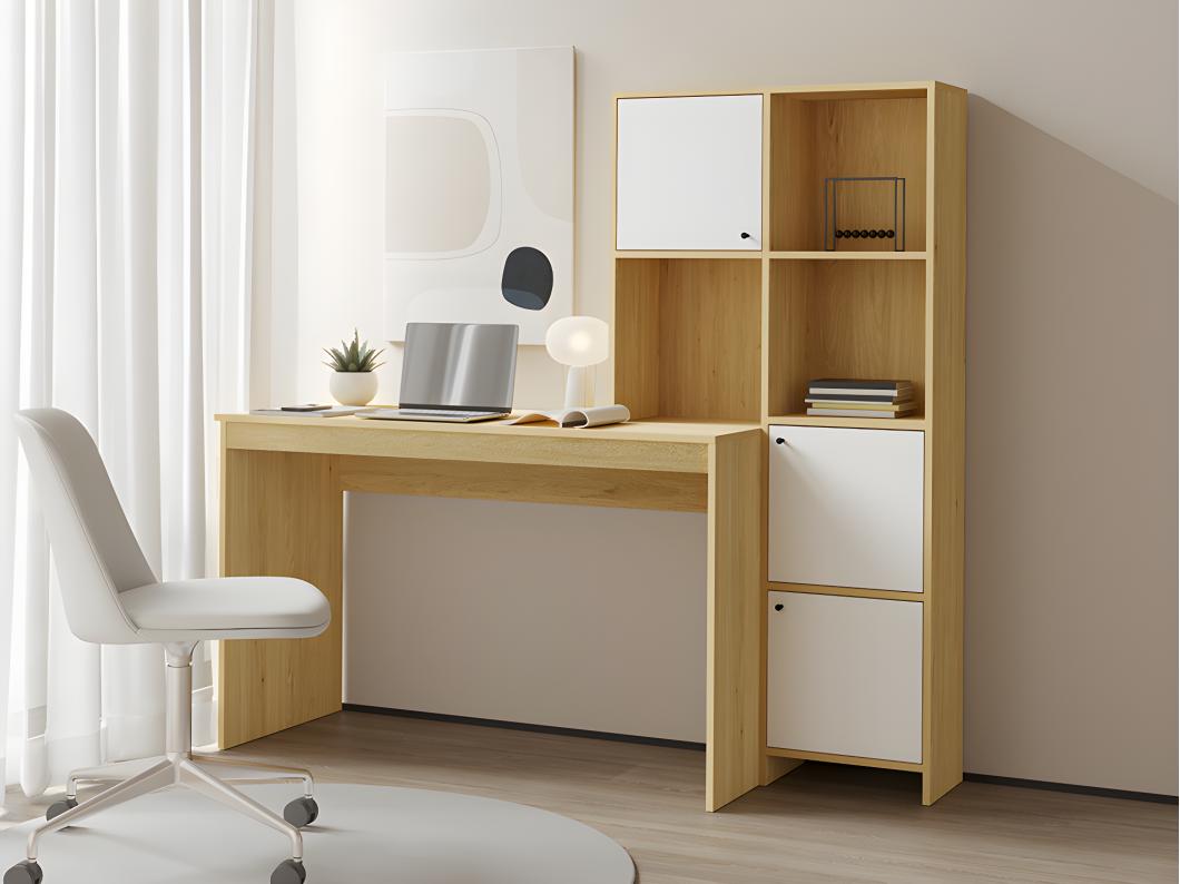 Secretária com 3 armários e 3 nichos cor natural e branco - ALIOBINI