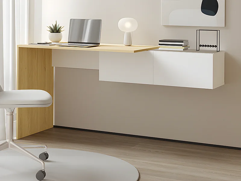 Bureau console suspendu avec 2 placards - Coloris : Naturel et blanc - MOLAWA