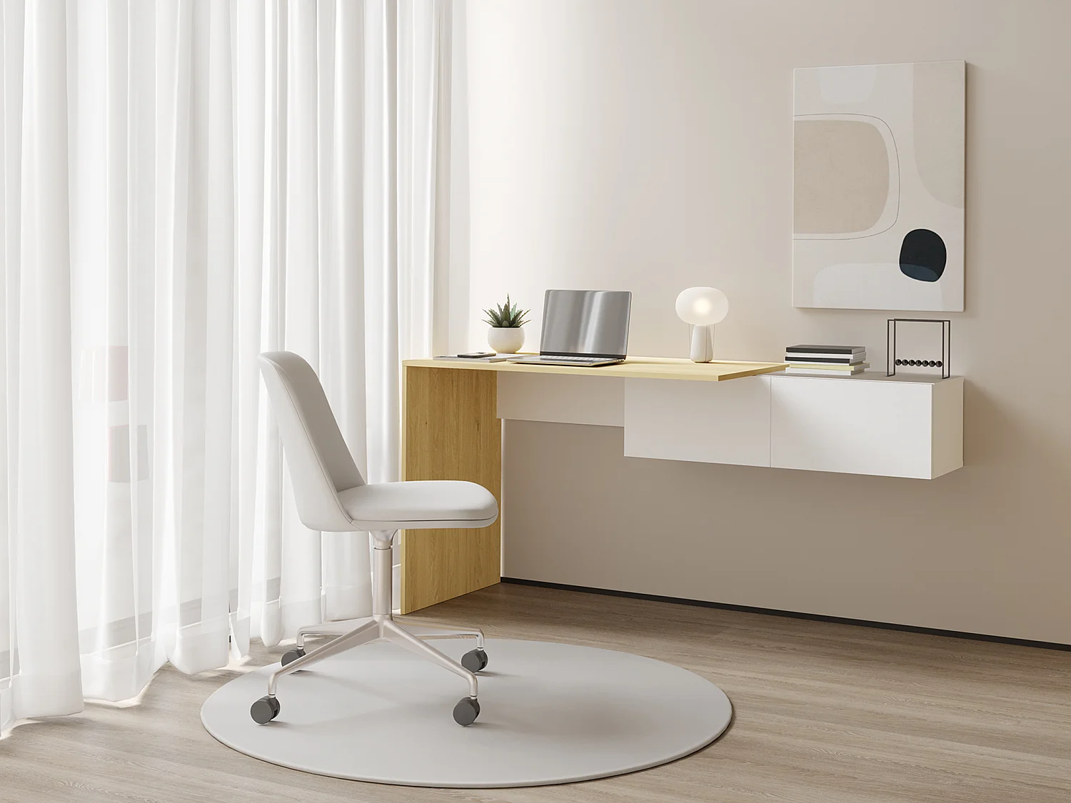 Bureau console suspendu avec 2 placards - Coloris : Naturel et blanc - MOLAWA