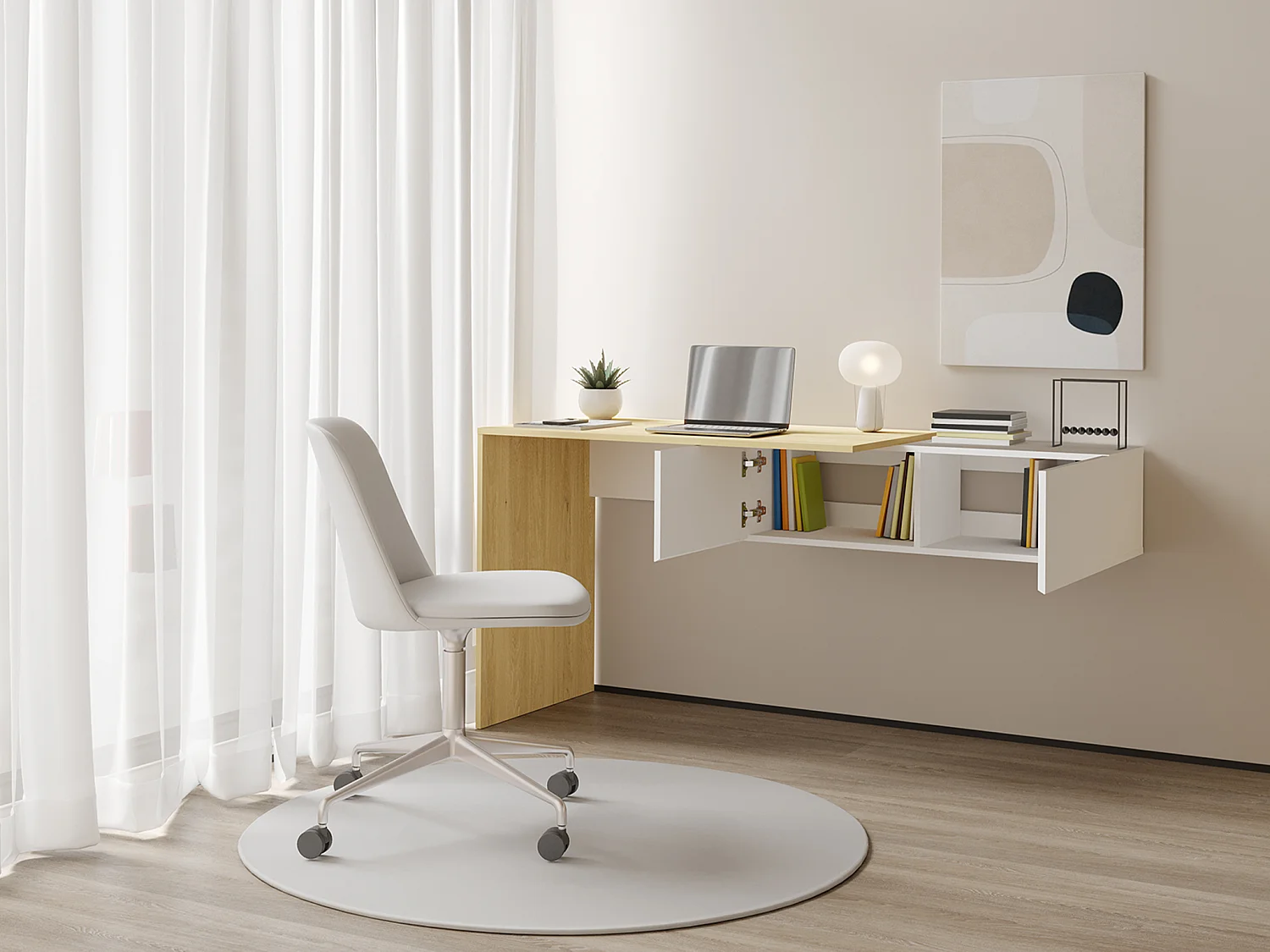 Bureau console suspendu avec 2 placards - Coloris : Naturel et blanc - MOLAWA
