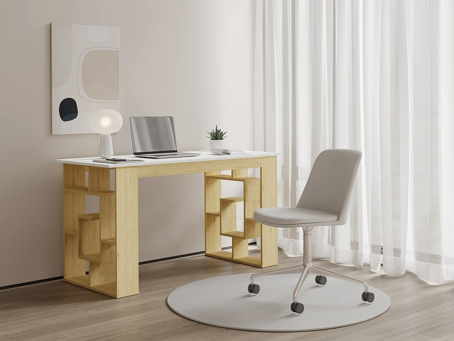 Bureau avec 10 étagères - Coloris : Naturel et blanc - JOVISO