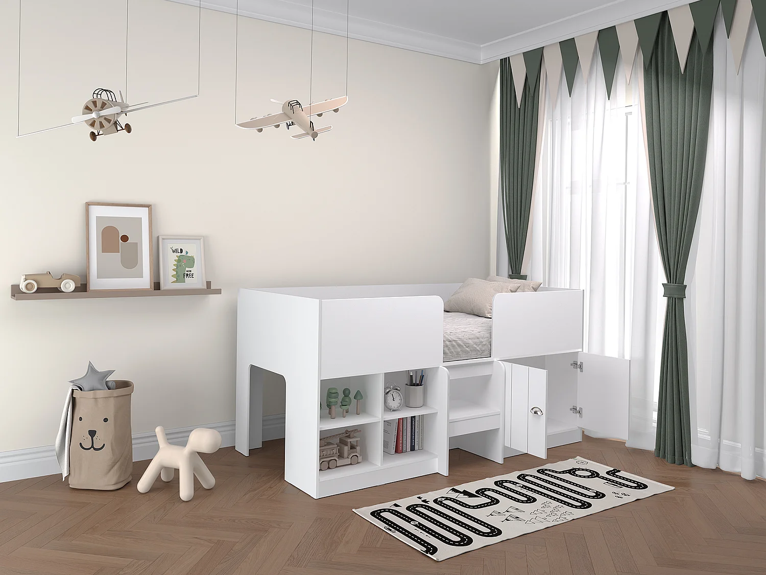 Lit mi-hauteur 90 x 190 cm avec rangements - Coloris : Blanc - BOUTANIO