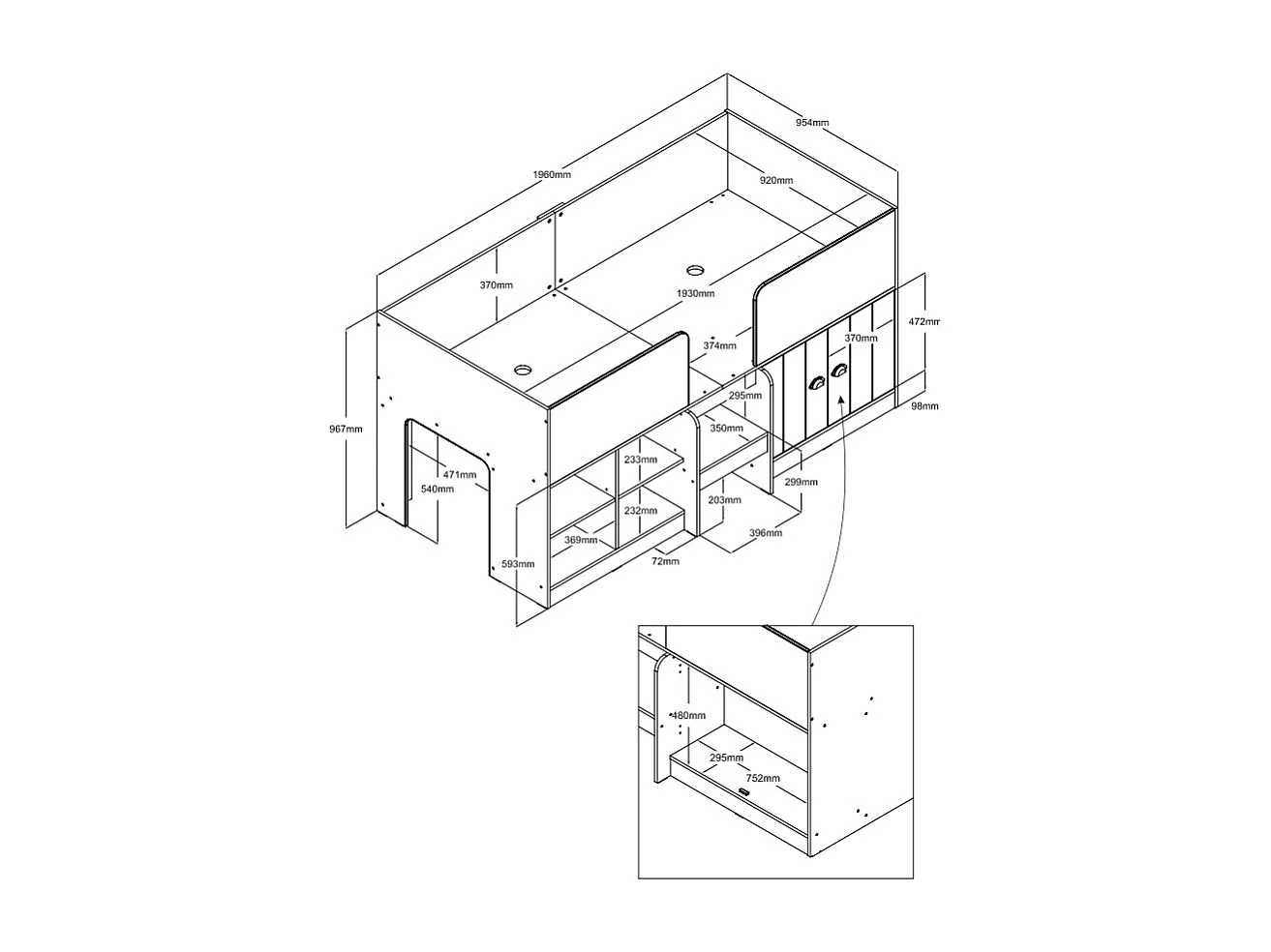 Halve hoogslaper 90 x 190 cm met opbergruimte - Kleur: wit - BOUTANIO