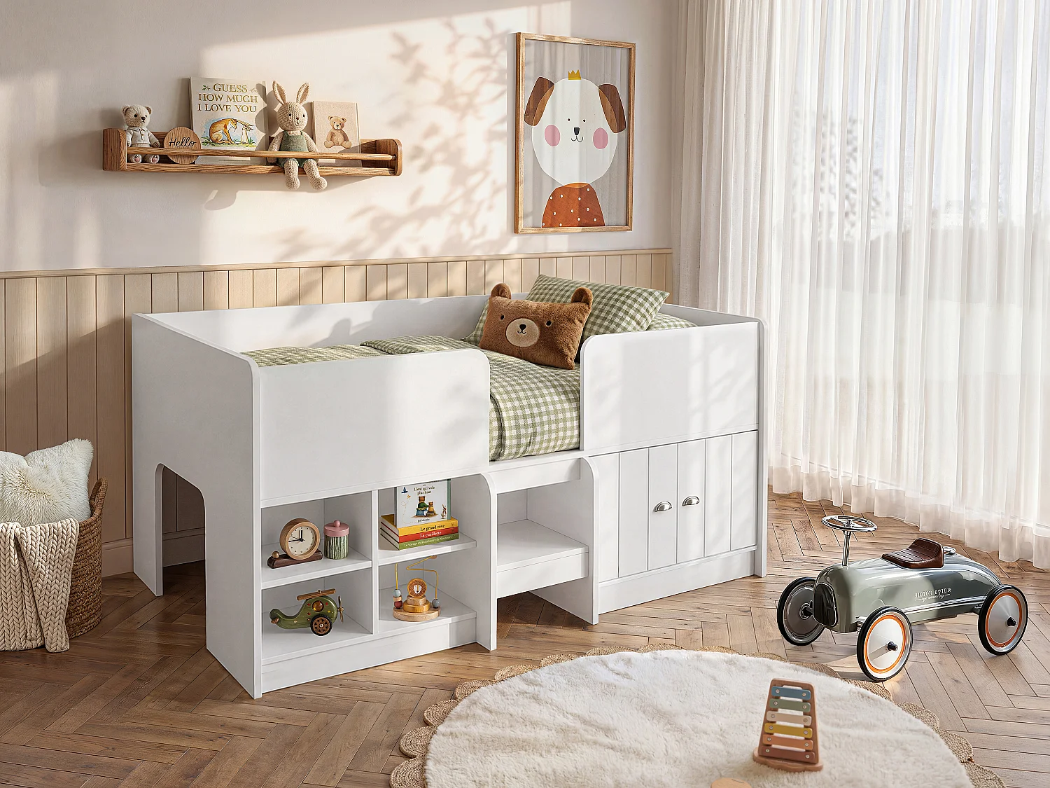 Lit mi-hauteur 90 x 190 cm avec rangements - Coloris : Blanc - BOUTANIO