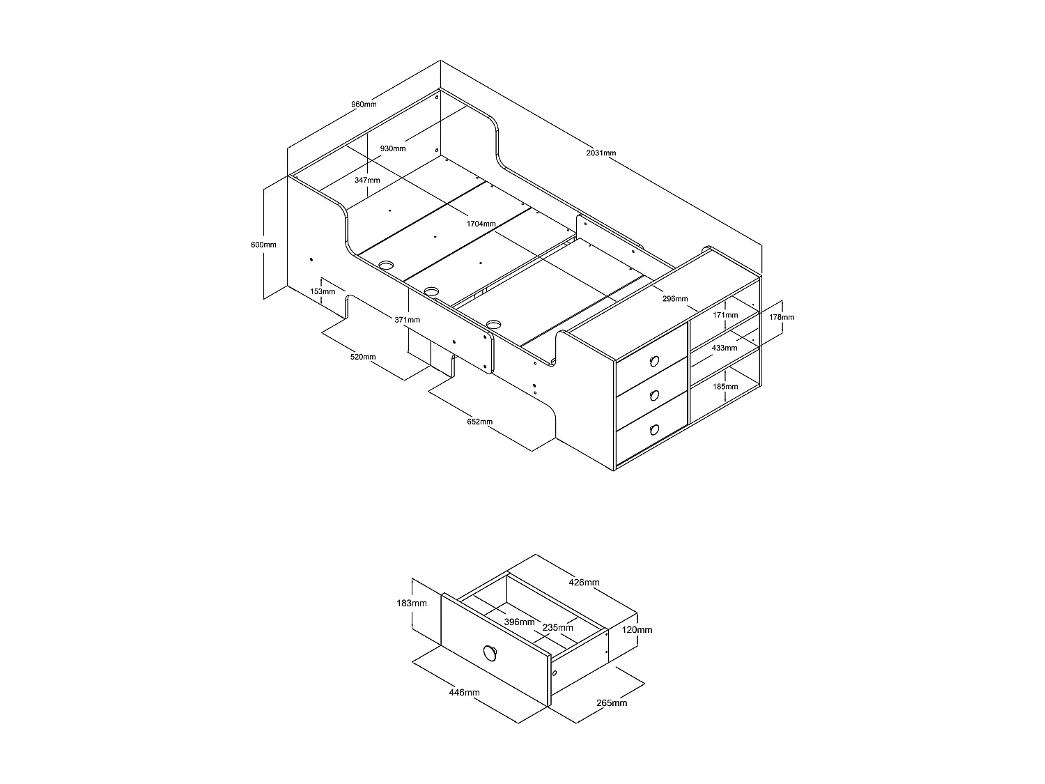 Letto evolutivo 90 x 140/170/200 cm Con vani portaoggetti Naturale e Bianco  - GAROLIO
