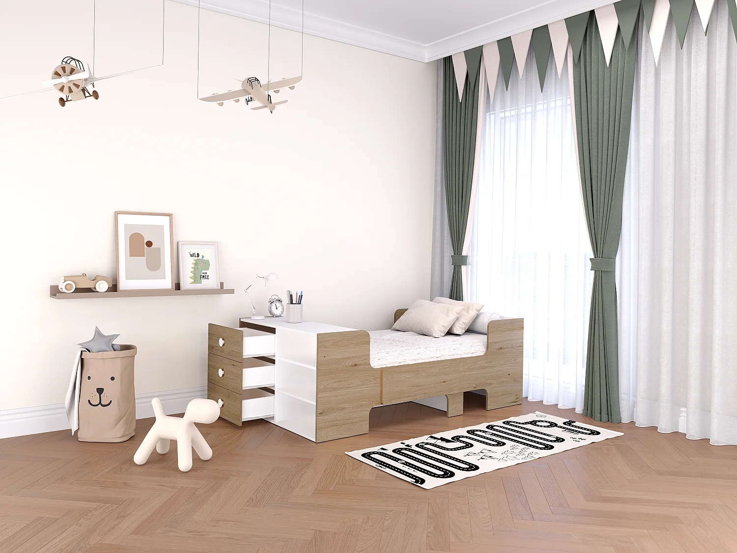 Letto evolutivo 90 x 140/170/200 cm Con vani portaoggetti Naturale e Bianco  - GAROLIO