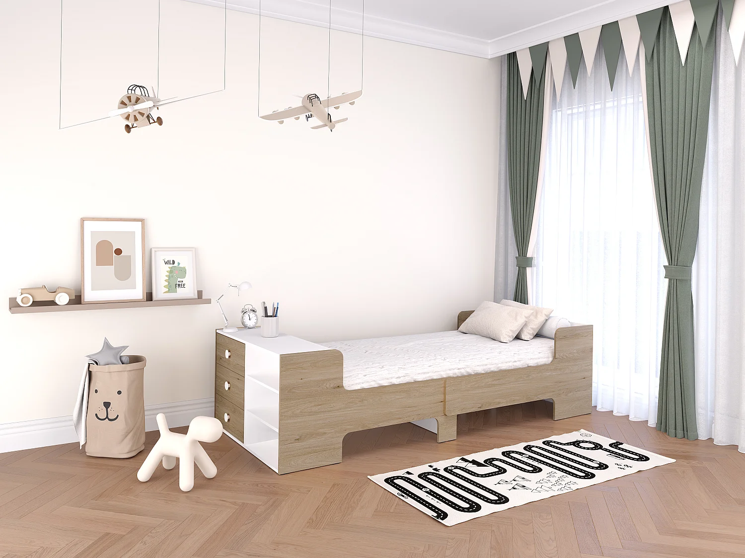 Letto evolutivo 90 x 140/170/200 cm Con vani portaoggetti Naturale e Bianco  - GAROLIO