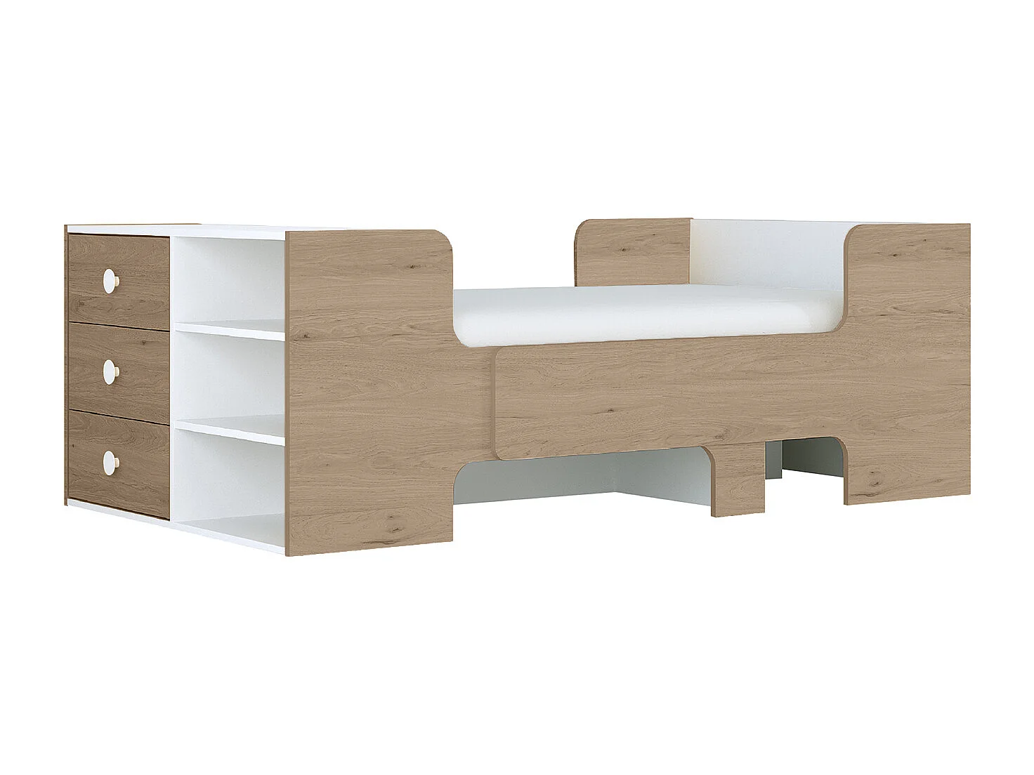 Utbyggbara säng 90 x 140/170/200 cm med förvaring - Färg: Naturlig och vit - GAROLIO