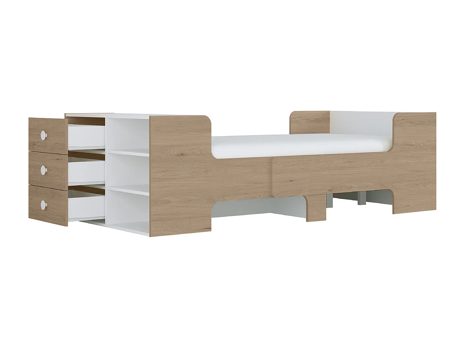 Utbyggbara säng 90 x 140/170/200 cm med förvaring - Färg: Naturlig och vit - GAROLIO