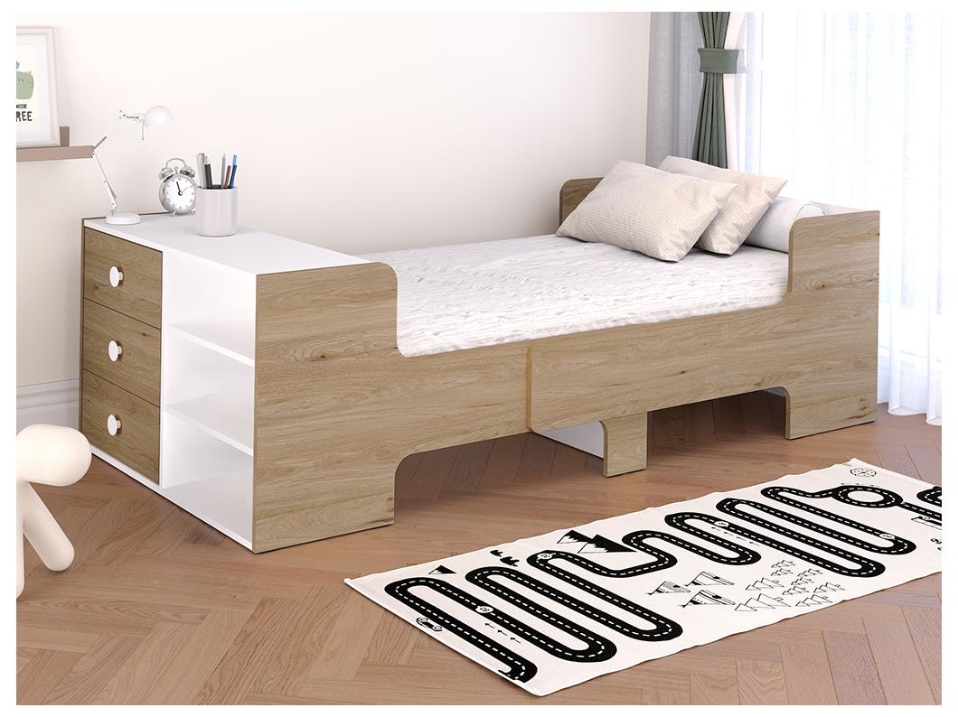 Cama evolutiva 90 x 140/170/200 cm com espaços de arrumação cor natural e branco - GAROLIO