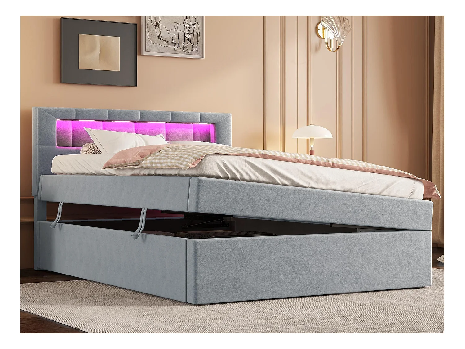 Gestoffeerd opbergbed 90x200 cm - met LED verlichting - in fluweel - Grijs