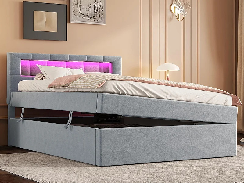 Letto contenitore imbottito 90x200 cm - con illuminazione LED - in velluto - Grigio