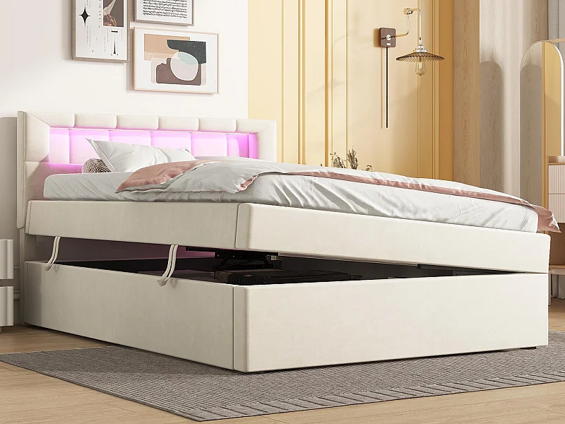 Gepolstertes Stauraumbett 90x200 cm – mit LED-Beleuchtung – in Samt – Beige