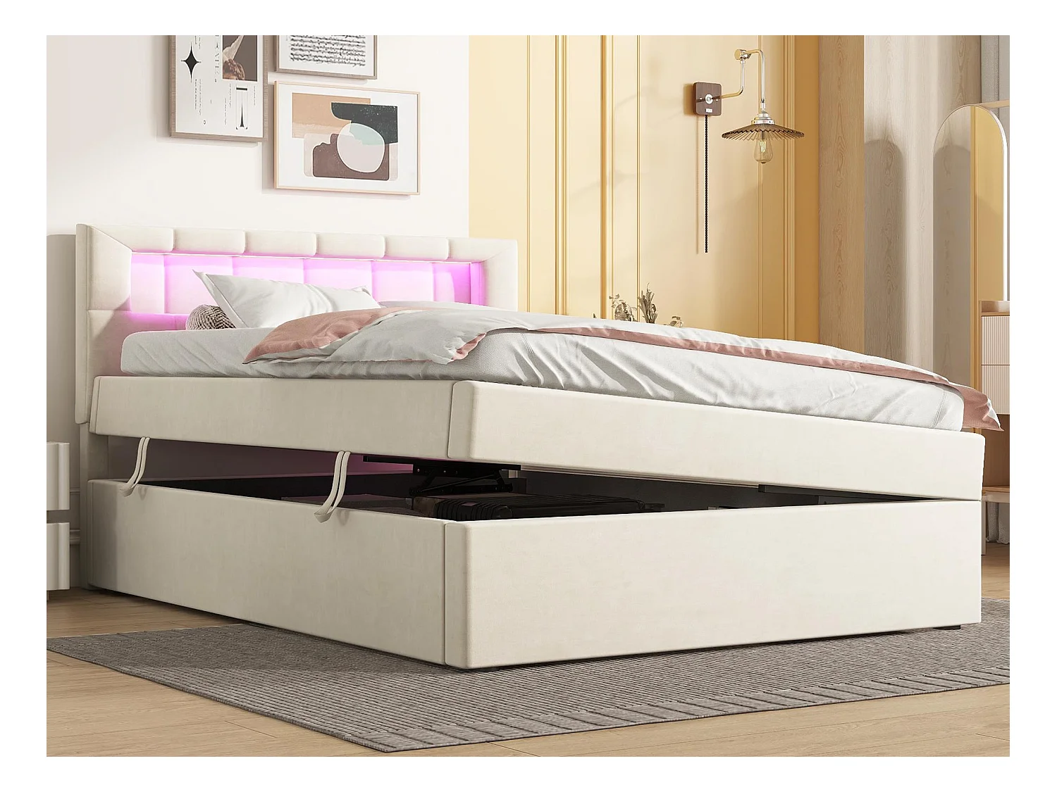 Lit coffre rembourré 90x200 cm - avec éclairage LED - en velours - Beige