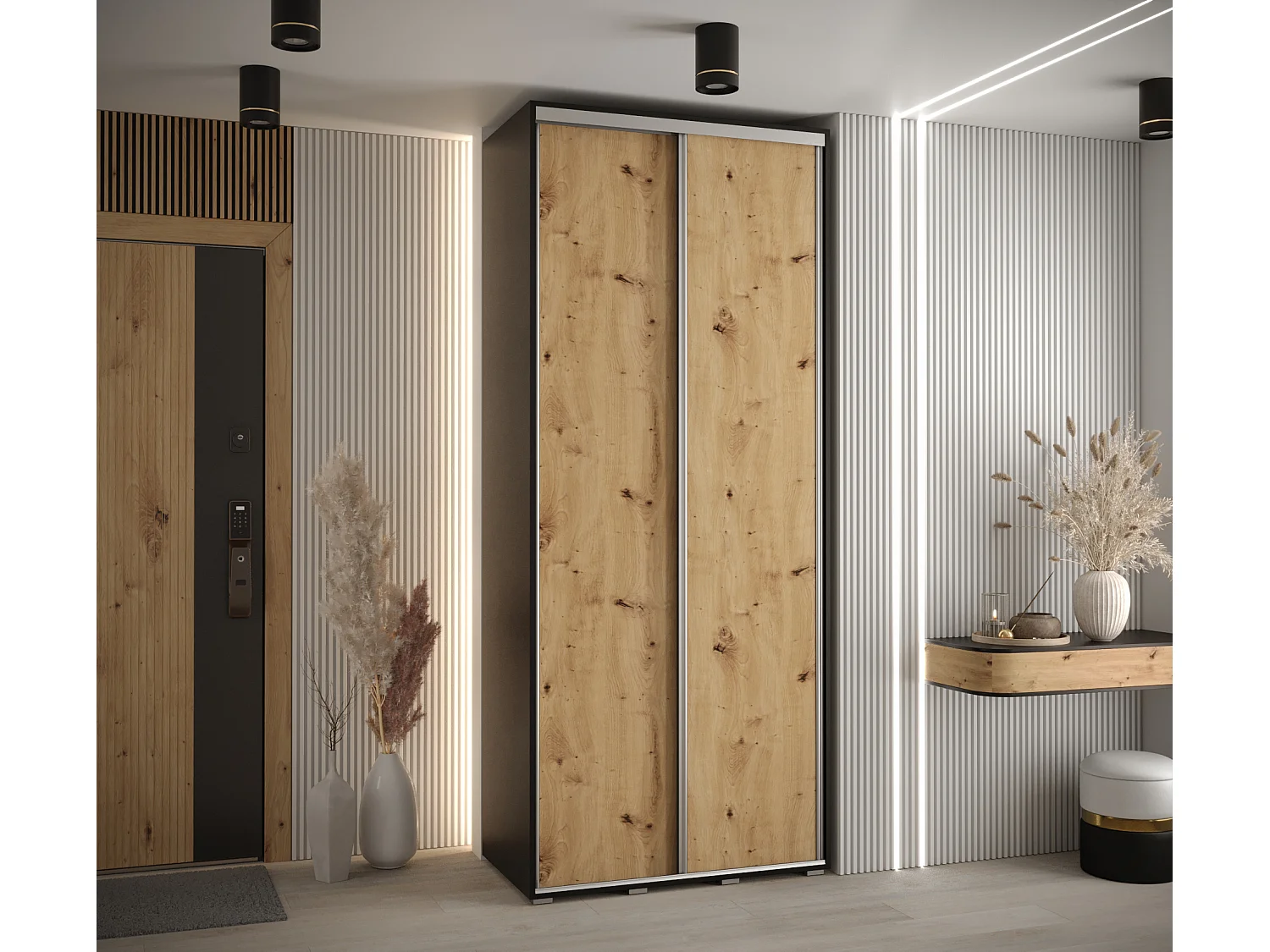 ARMOIRE DAVOS 1 À PORTES COULISSANTES 235,2/120/60 2 portes (Noir/Artisan/Argent)