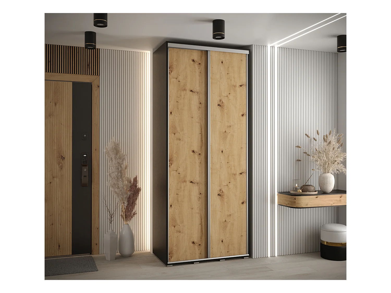 ARMOIRE DAVOS 1 À PORTES COULISSANTES 235,2/120/60 2 portes (Noir/Artisan/Argent)