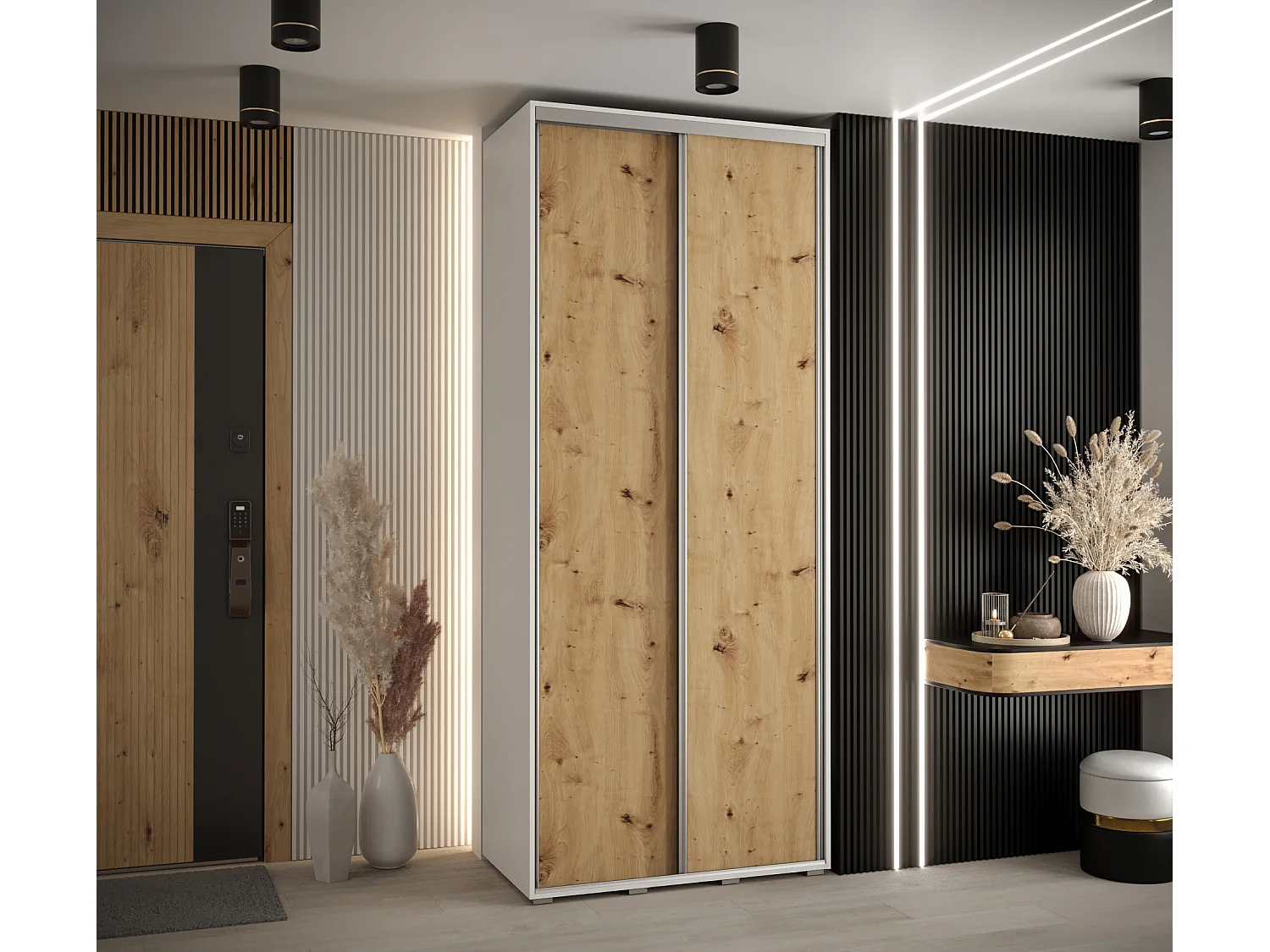 ARMOIRE DAVOS 1 À PORTES COULISSANTES 235,2/120/45 2 portes (Blanc/Artisan/Argent)