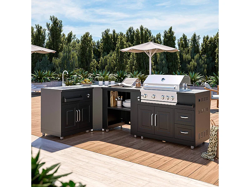 Cuisine d'extérieur angle 4 éléments avec évier et barbecue