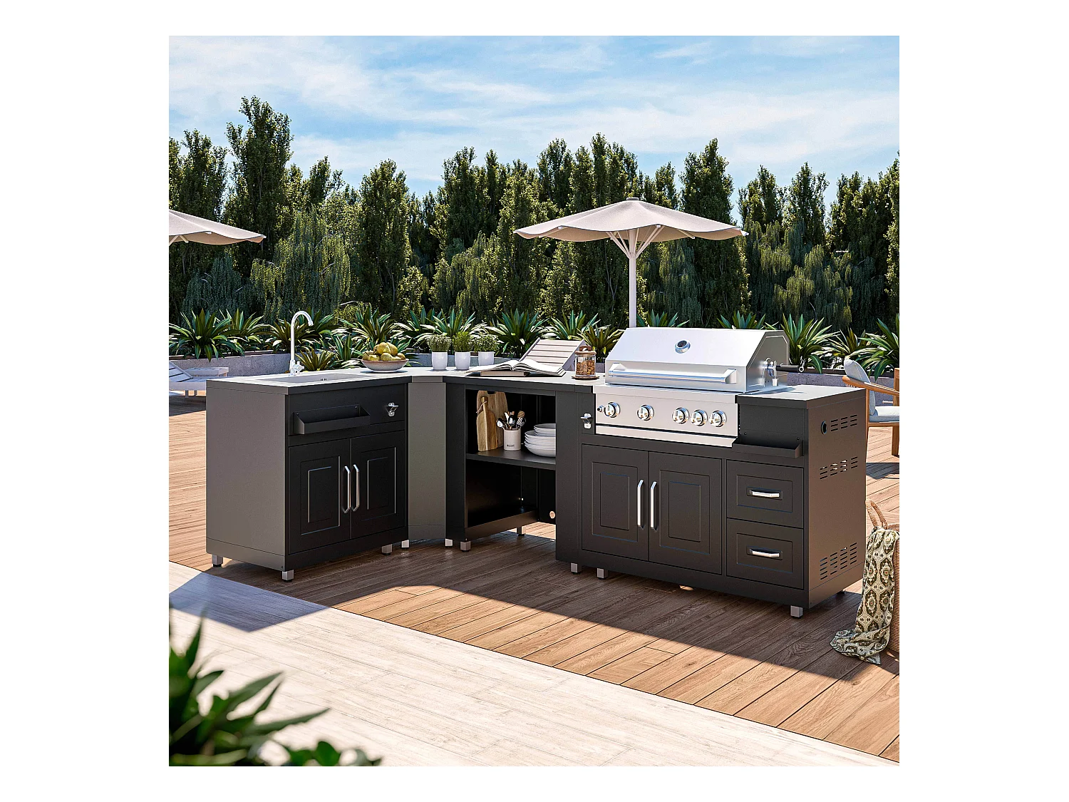 Cuisine d'extérieur angle 4 éléments avec évier et barbecue