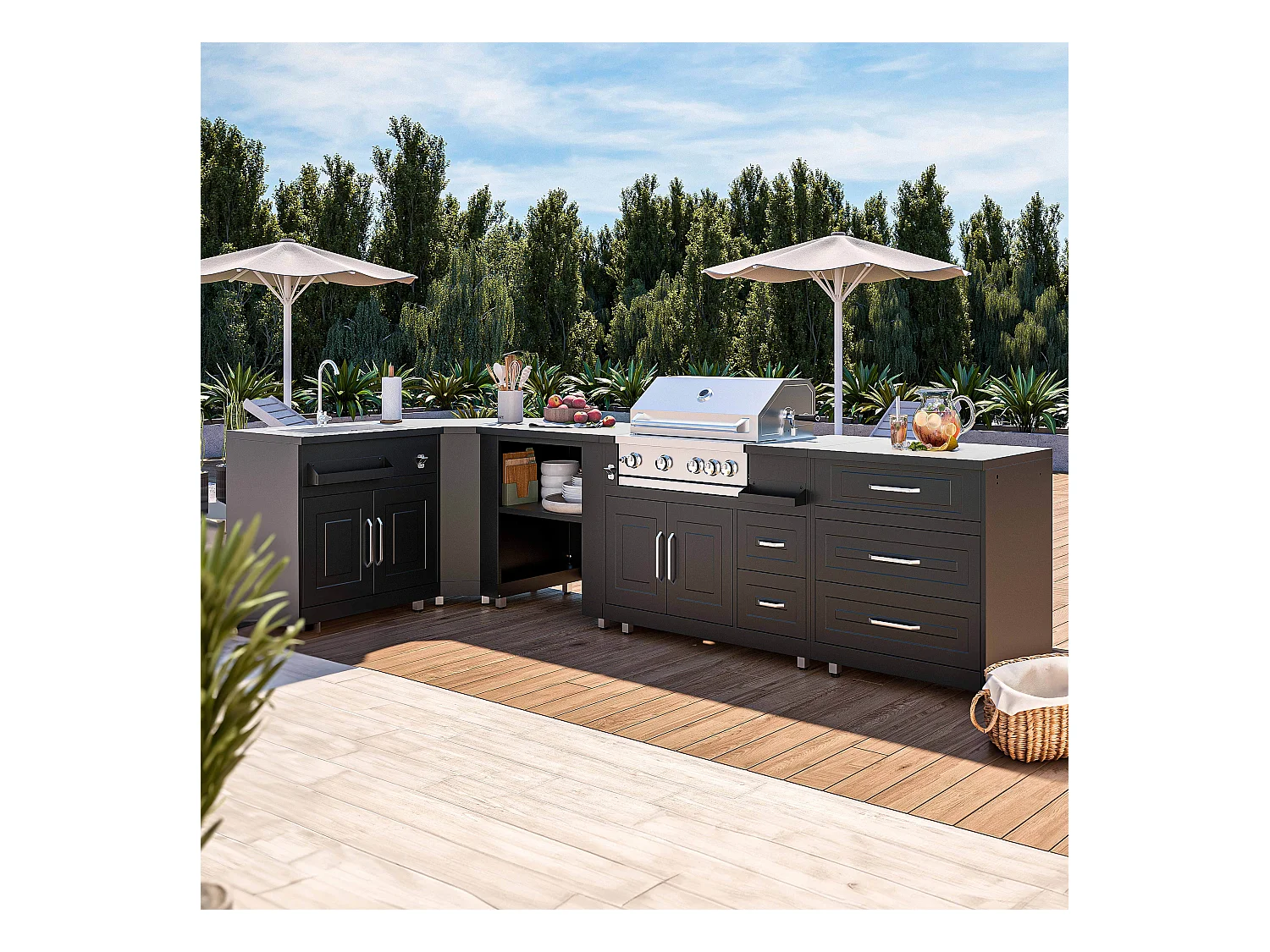 Cuisine d'extérieur angle 5 éléments avec évier et barbecue