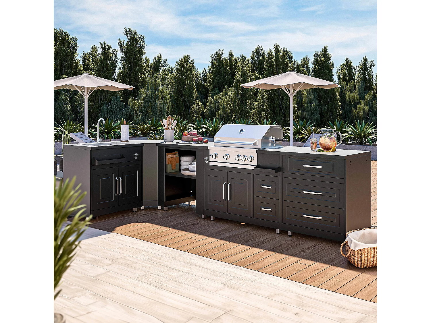 Cocina de exterior en ángulo de 5 elementos con fregadero y barbacoa