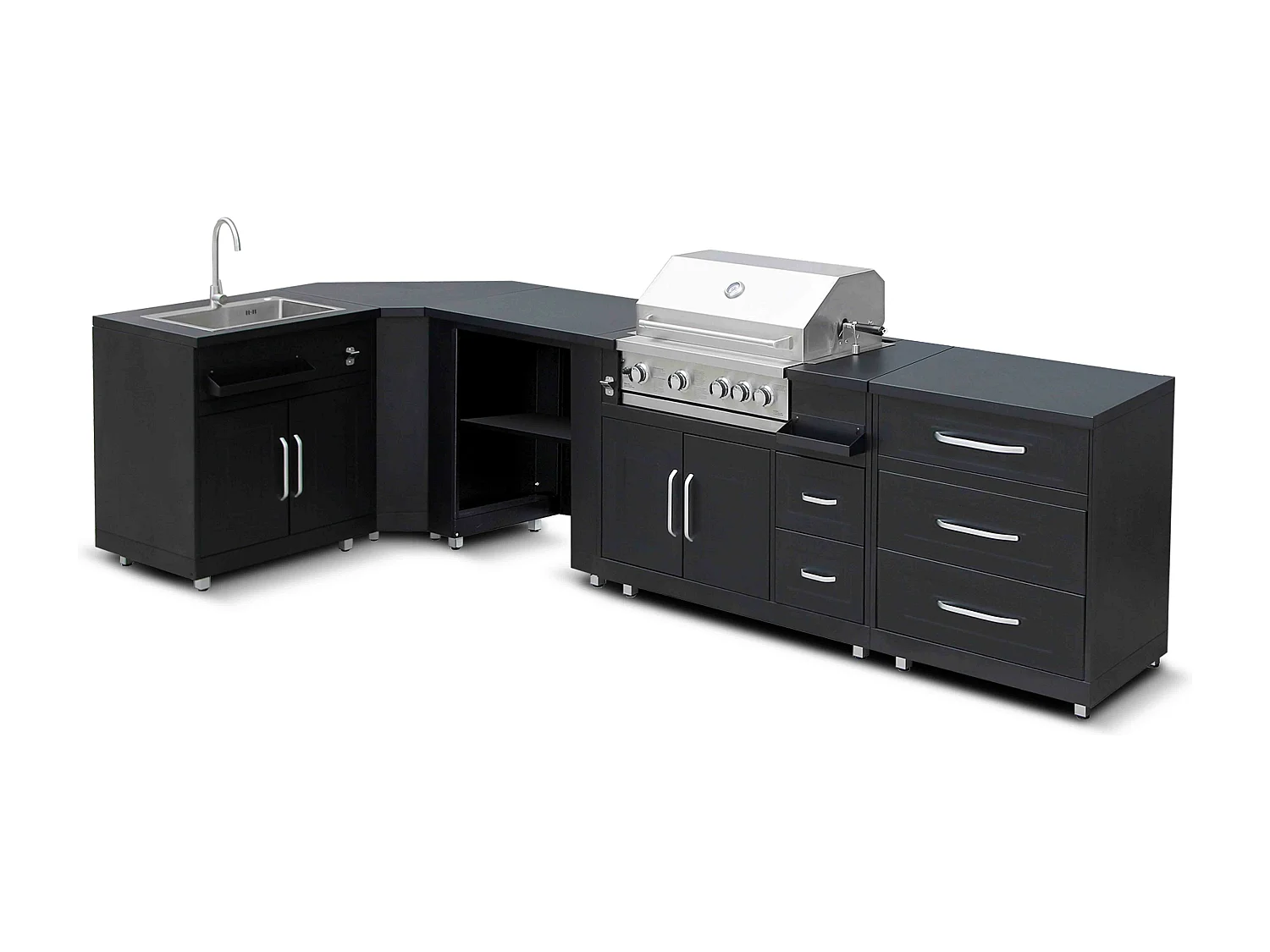 Cocina de exterior en ángulo de 5 elementos con fregadero y barbacoa