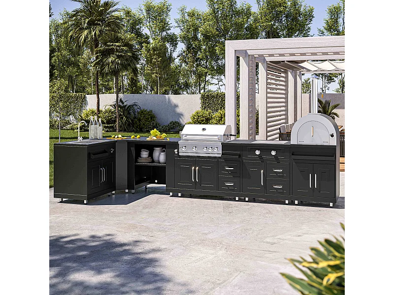 Cuisine d'extérieur angle 6 éléments dont 3 modules de cuisson/évier