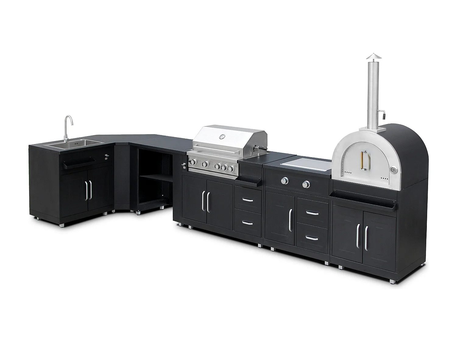 Cuisine d'extérieur angle 6 éléments dont 3 modules de cuisson/évier