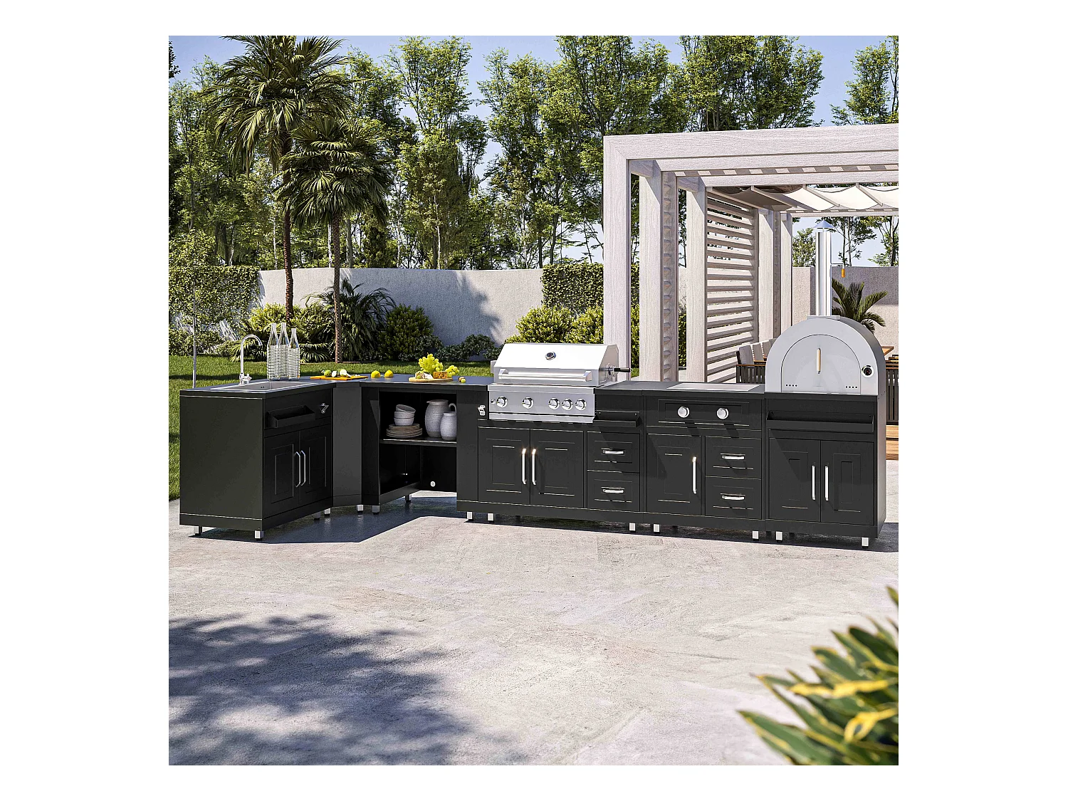 Buitenkeuken hoek met 6 elementen, waaronder 3 kook-/spoelmodules