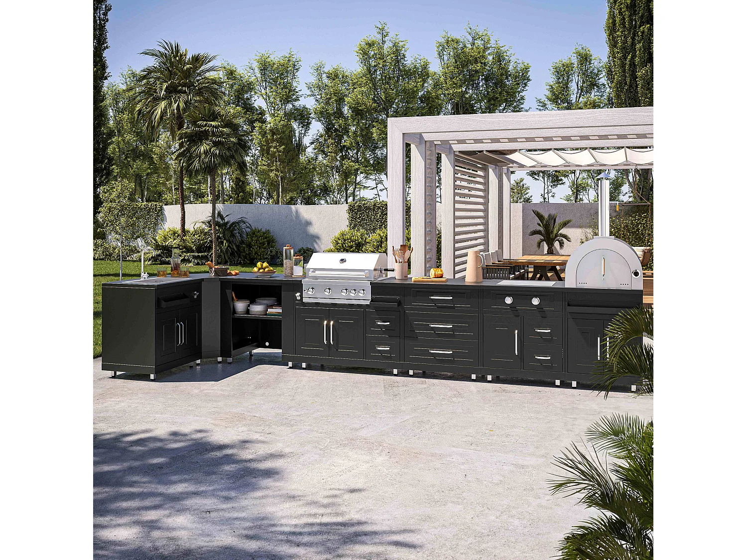 Cuisine d'extérieur angle 7 éléments dont 3 modules de cuisson/évier