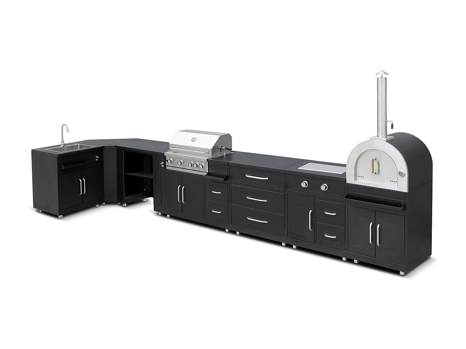 Cuisine d'extérieur angle 7 éléments dont 3 modules de cuisson/évier