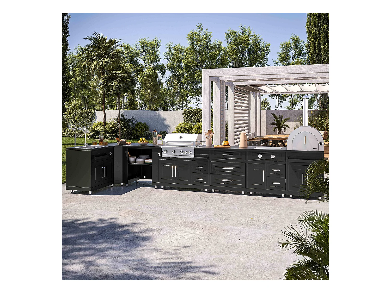Buitenkeuken hoek met 7 elementen, waaronder 3 kook-/spoelmodules