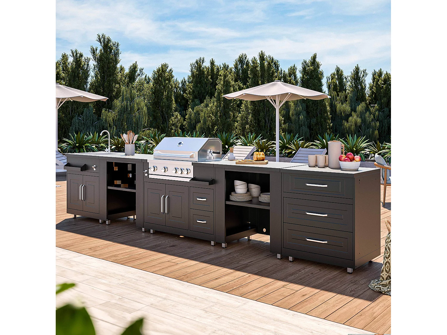 Cuisine d'extérieur angle 5 éléments avec évier et barbecue