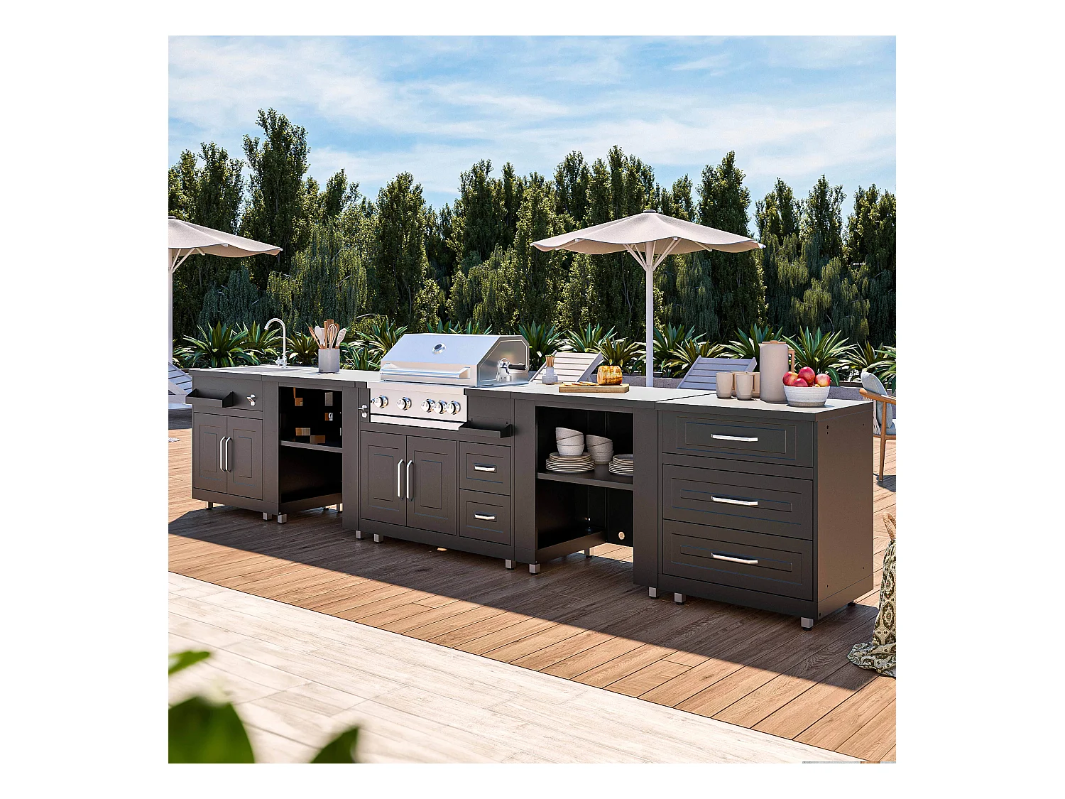 Cuisine d'extérieur angle 5 éléments avec évier et barbecue