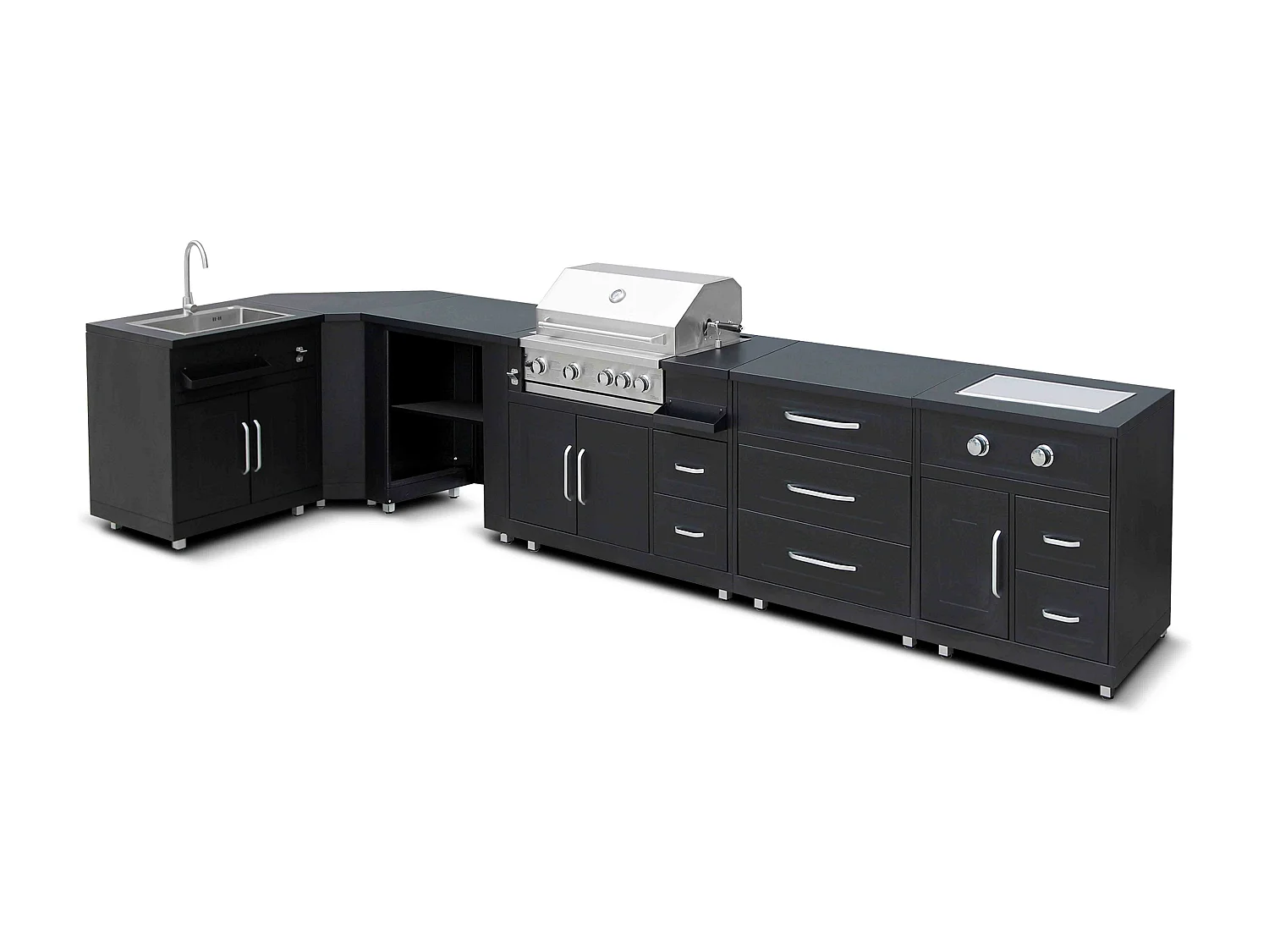 Cuisine d'extérieur angle 6 éléments dont 2 modules de cuisson/évier