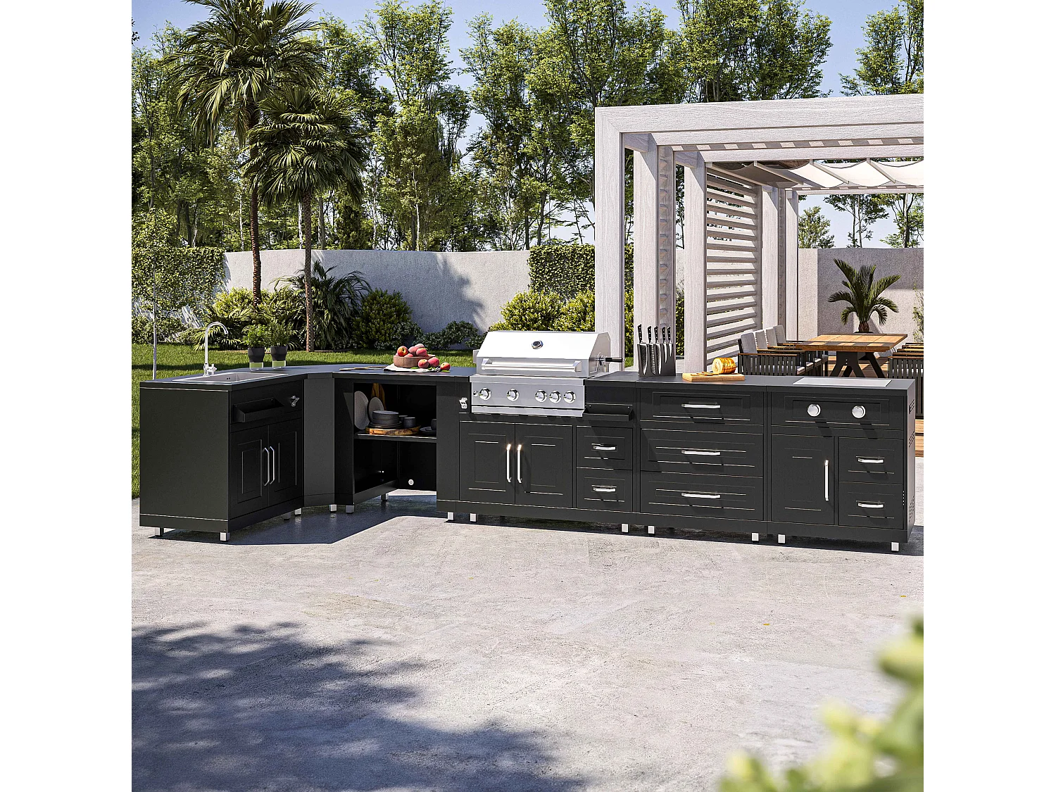 Buitenkeuken hoekopstelling met 6 elementen, inclusief 2 spoelmodules