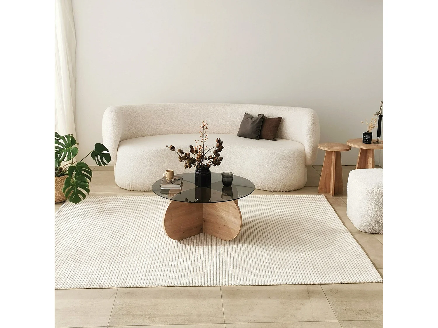 Mesa de café Kailua 239, Roble|Negro, 35cm, Diámetro: 75, Vidrio templado, Redonda