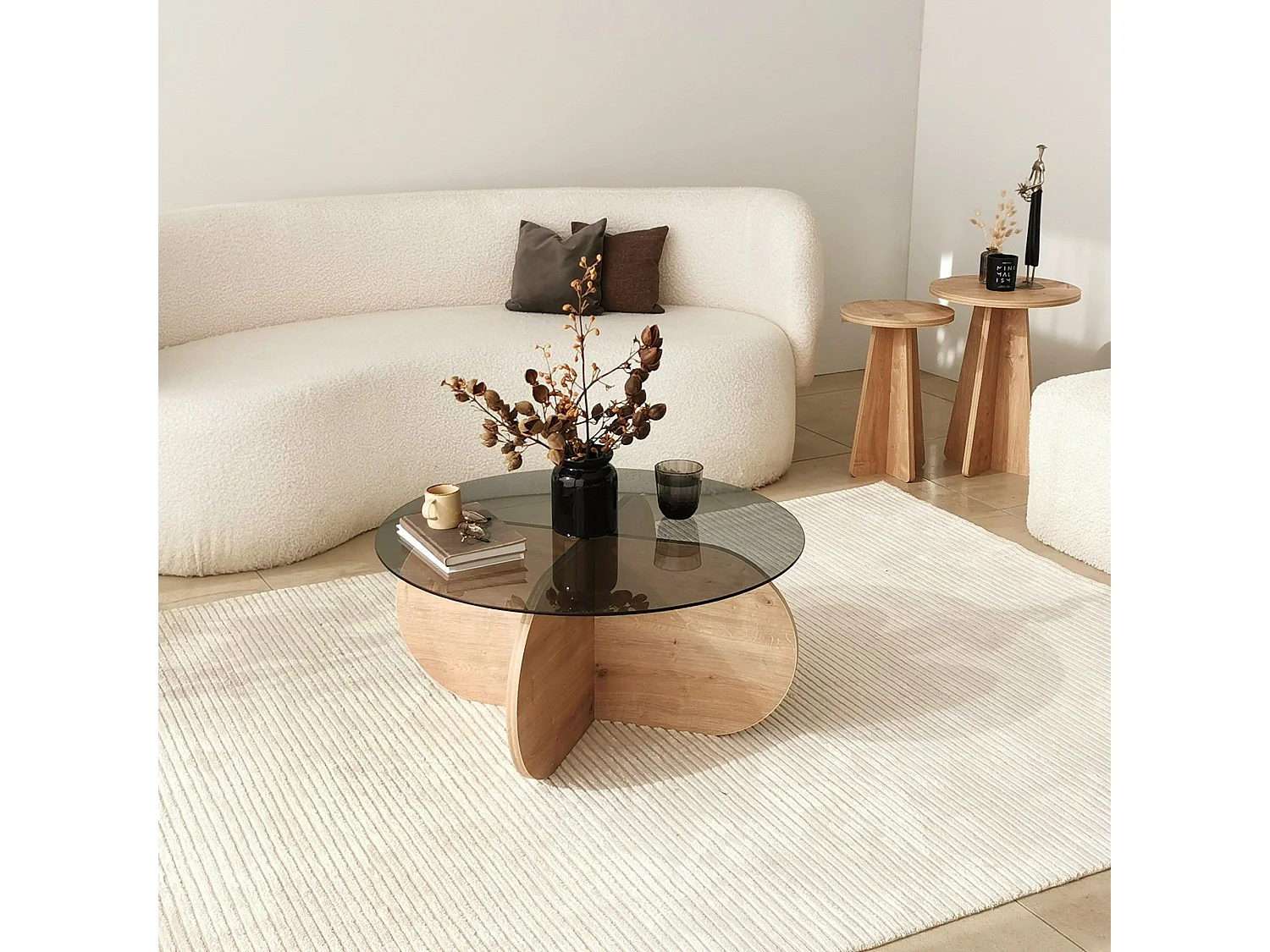 Mesa de café Kailua 239, Roble|Negro, 35cm, Diámetro: 75, Vidrio templado, Redonda