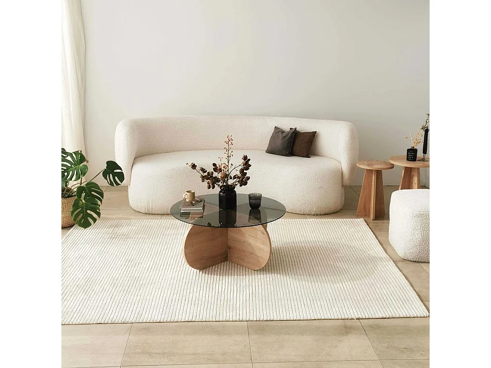 Mesa de café Kailua 239, Roble|Negro, 35cm, Diámetro: 75, Vidrio templado, Redonda