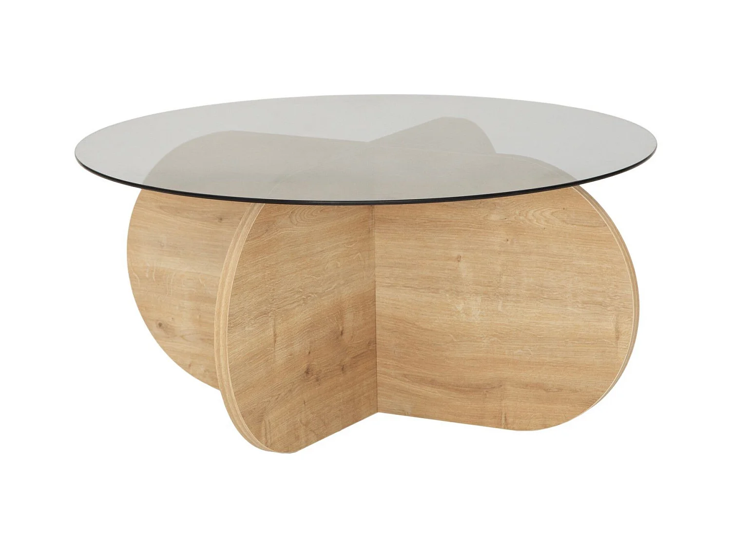 Table basse design Venas D75cm Bois Chêne clair et Verre trompé fumé Gris