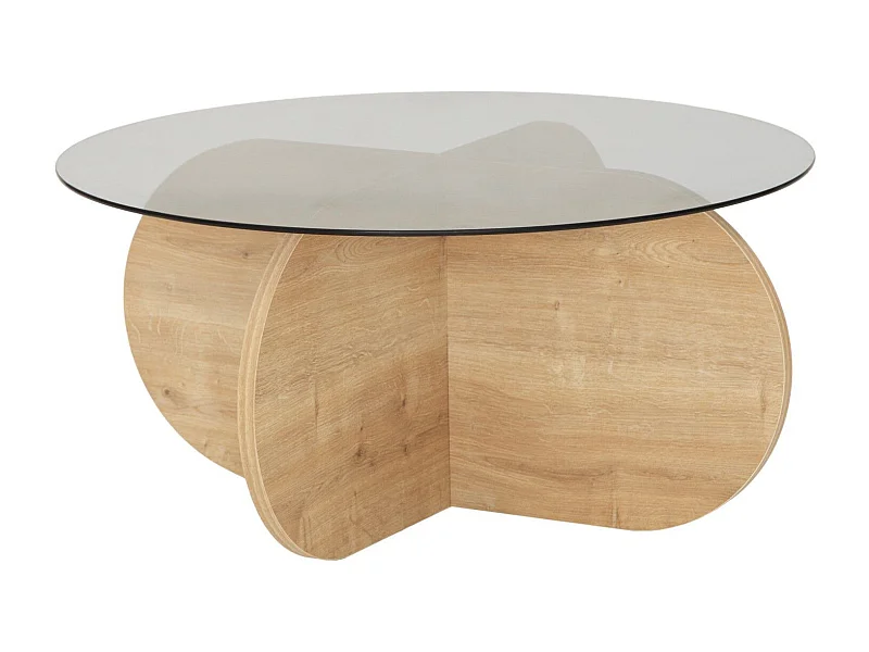 Table basse design Venas D75cm Bois Chêne clair et Verre trompé fumé Gris