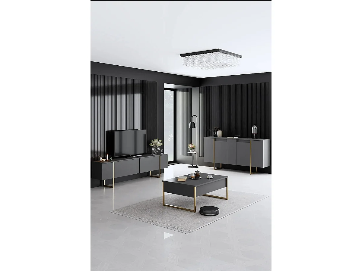 Buffet bas Sibylle L160cm Métal Or et Bois Anthracite