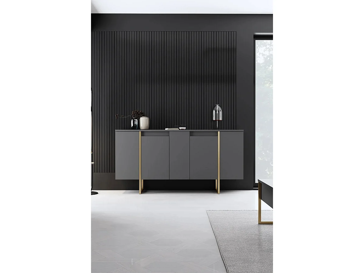Buffet bas Sibylle L160cm Métal Or et Bois Anthracite