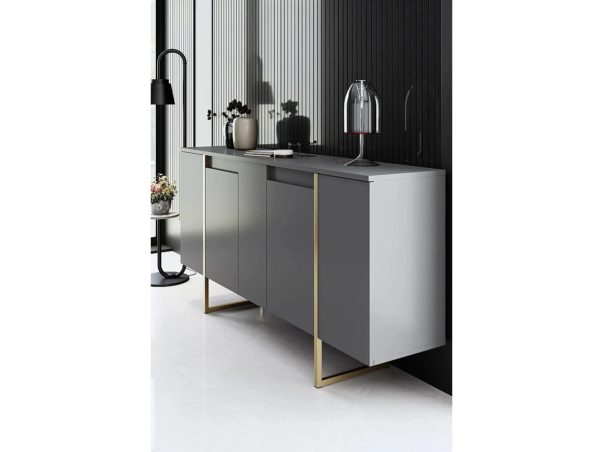 Buffet bas Sibylle L160cm Métal Or et Bois Anthracite