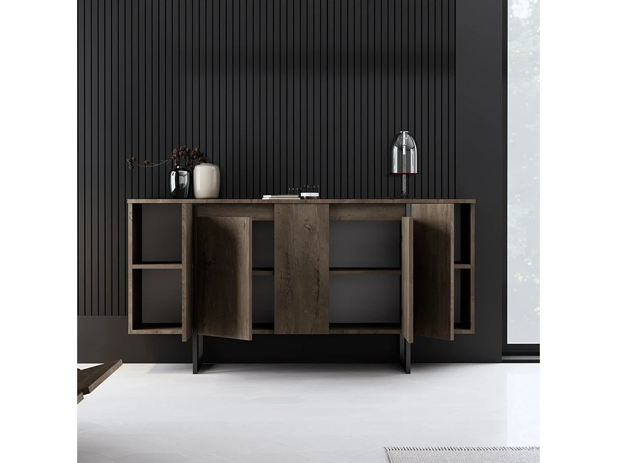 Aparador – 160 x 35 x 80 cm – Nogueira e Preto – Painel de Partículas revestido em Melamina