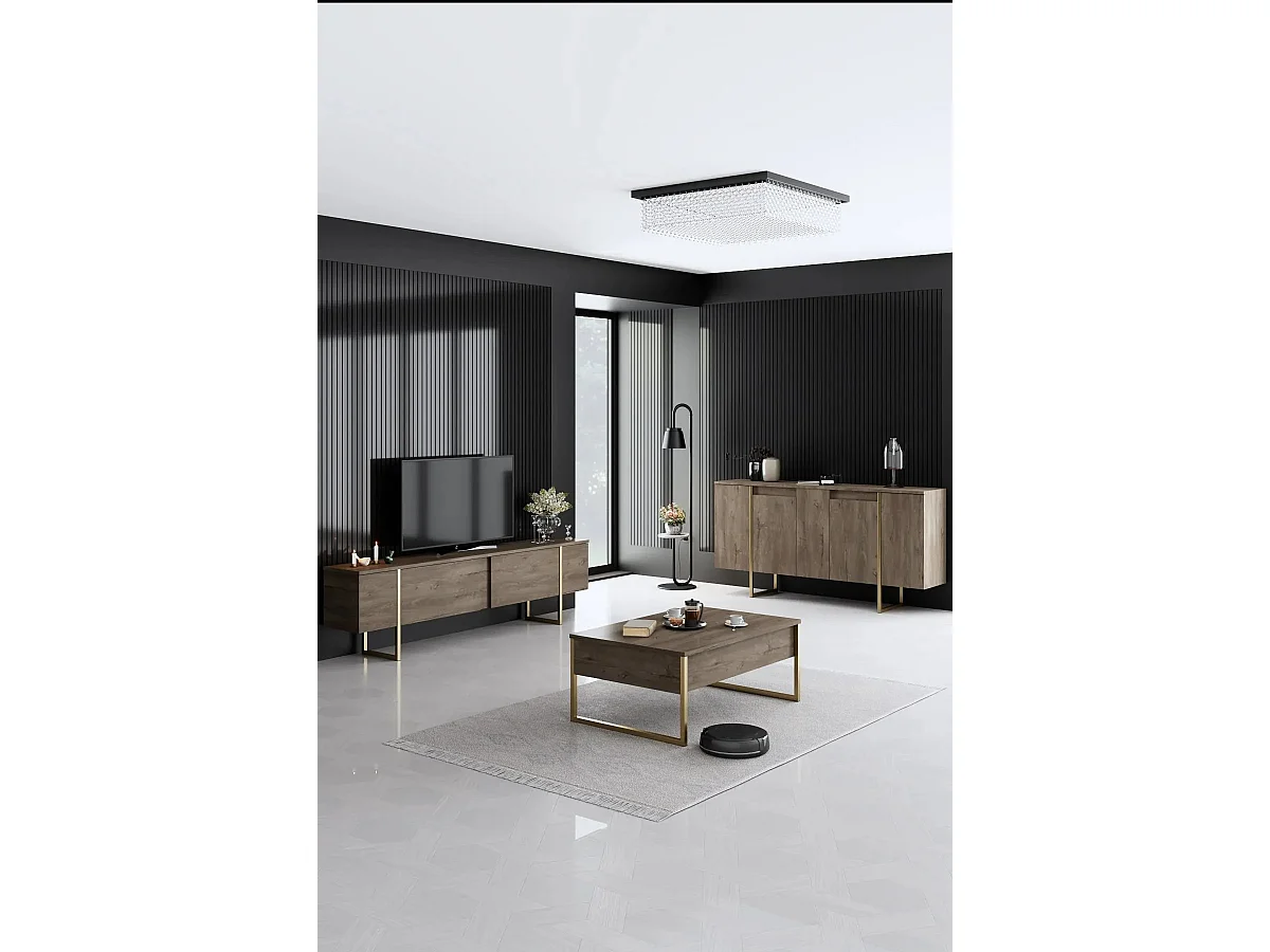 Aparador – 160 x 35 x 80 cm – Nogueira e Dourado – Painel de Partículas Revestido em Melamina