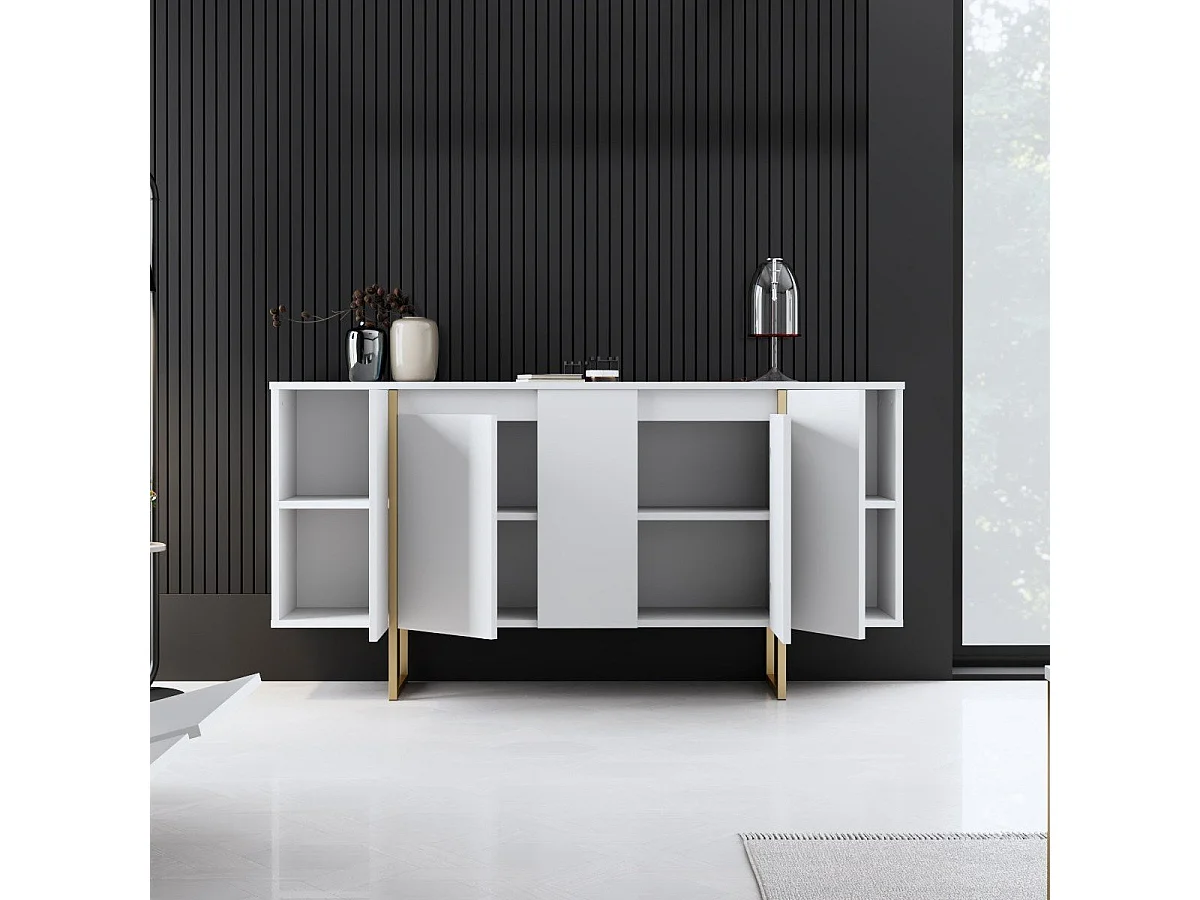 Aparador – 160 x 35 x 80 cm – Branco e dourado – Painel de partículas revestido de melamina