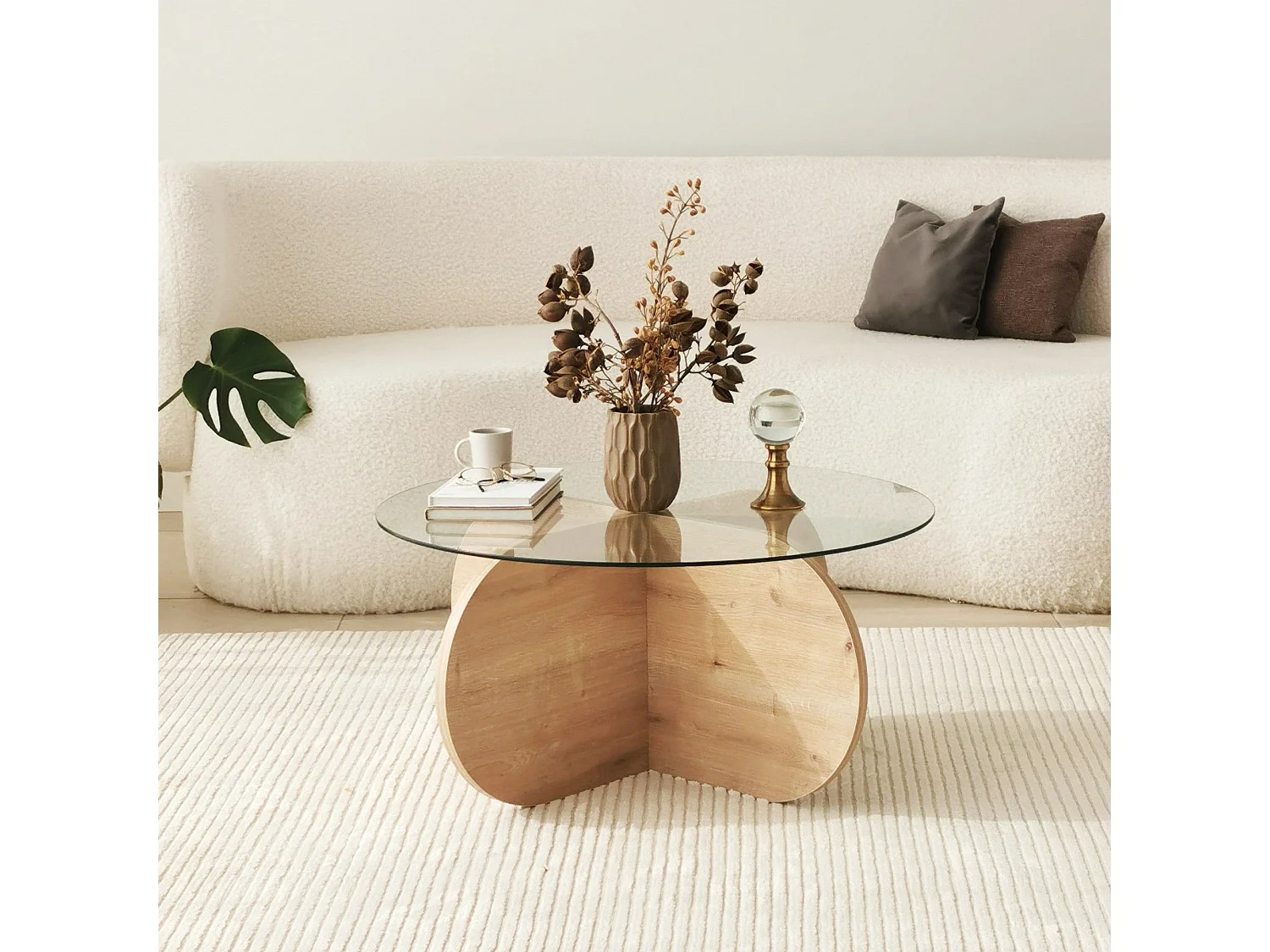 Table basse design Venas D75cm Bois Chêne clair et Verre trompé Transparent