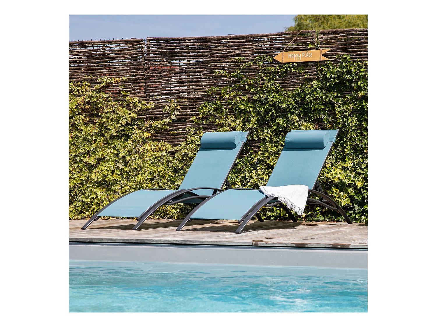 Lot de 2 transats GALAPAGOS en textilène bleu gris - aluminium gris anthracite - HAPPY GARDEN