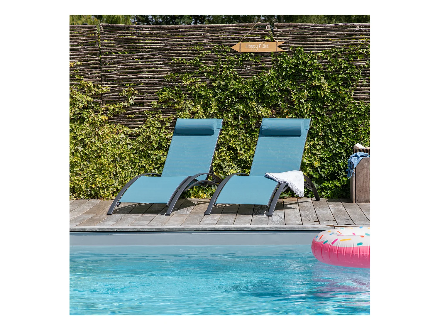 Lot de 2 transats GALAPAGOS en textilène bleu gris - aluminium gris anthracite - HAPPY GARDEN